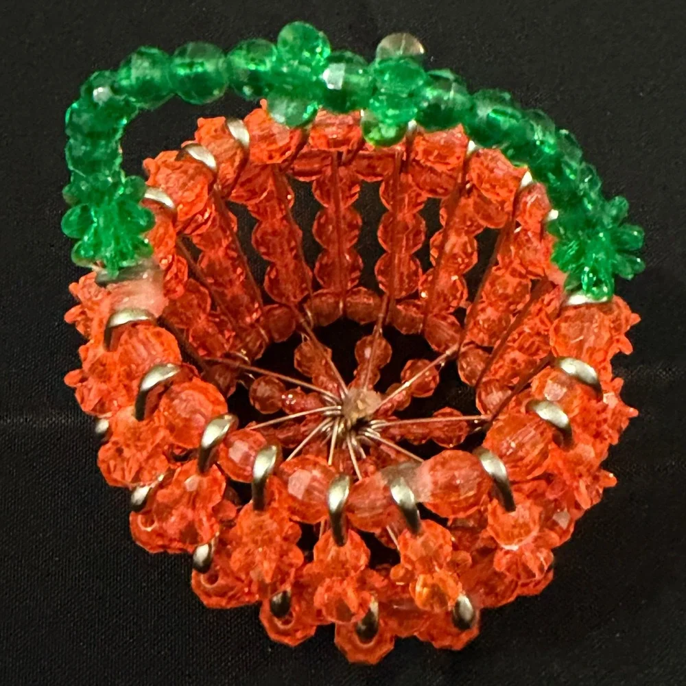 Vintage Handmade Beaded Safety Pin Pumpkin Art Basket Miniature Fall Decor